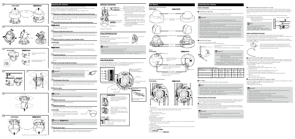 Installing the camera, Connecting the camera, Part names | Cable wiring method, Power connection, External device i/o terminals, Attaching a junction box, Audio input/output terminals, Remove the tape and the inner cover, Secure the safety wire | Canon VB-H610D User Manual | Page 2 / 2