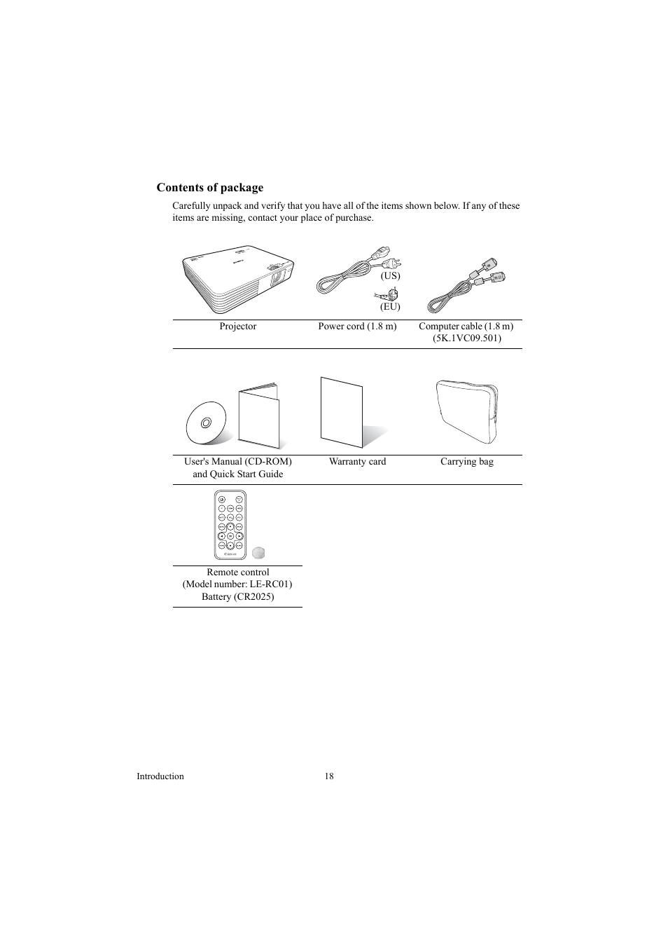 Contents of package | Canon LE-5W User Manual | Page 18 / 104