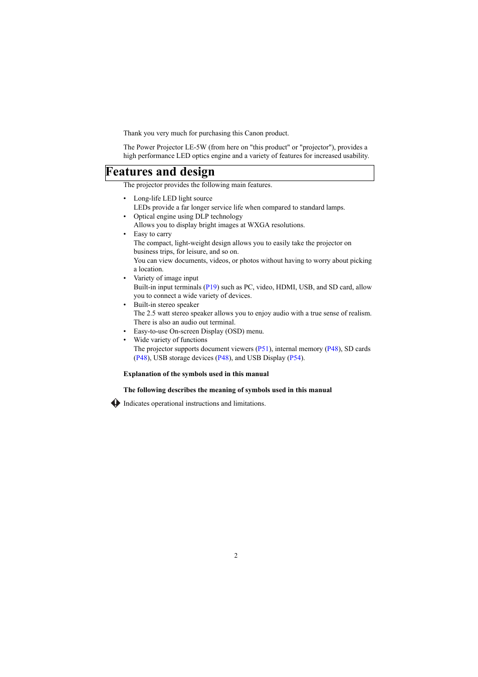 Features and design | Canon LE-5W User Manual | Page 2 / 104