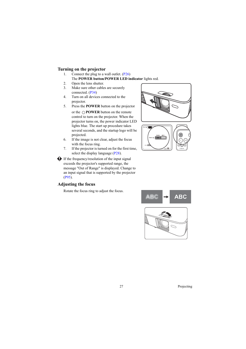 Turning on the projector, Adjusting the focus, Turning on the projector adjusting the focus | Canon LE-5W User Manual | Page 27 / 104