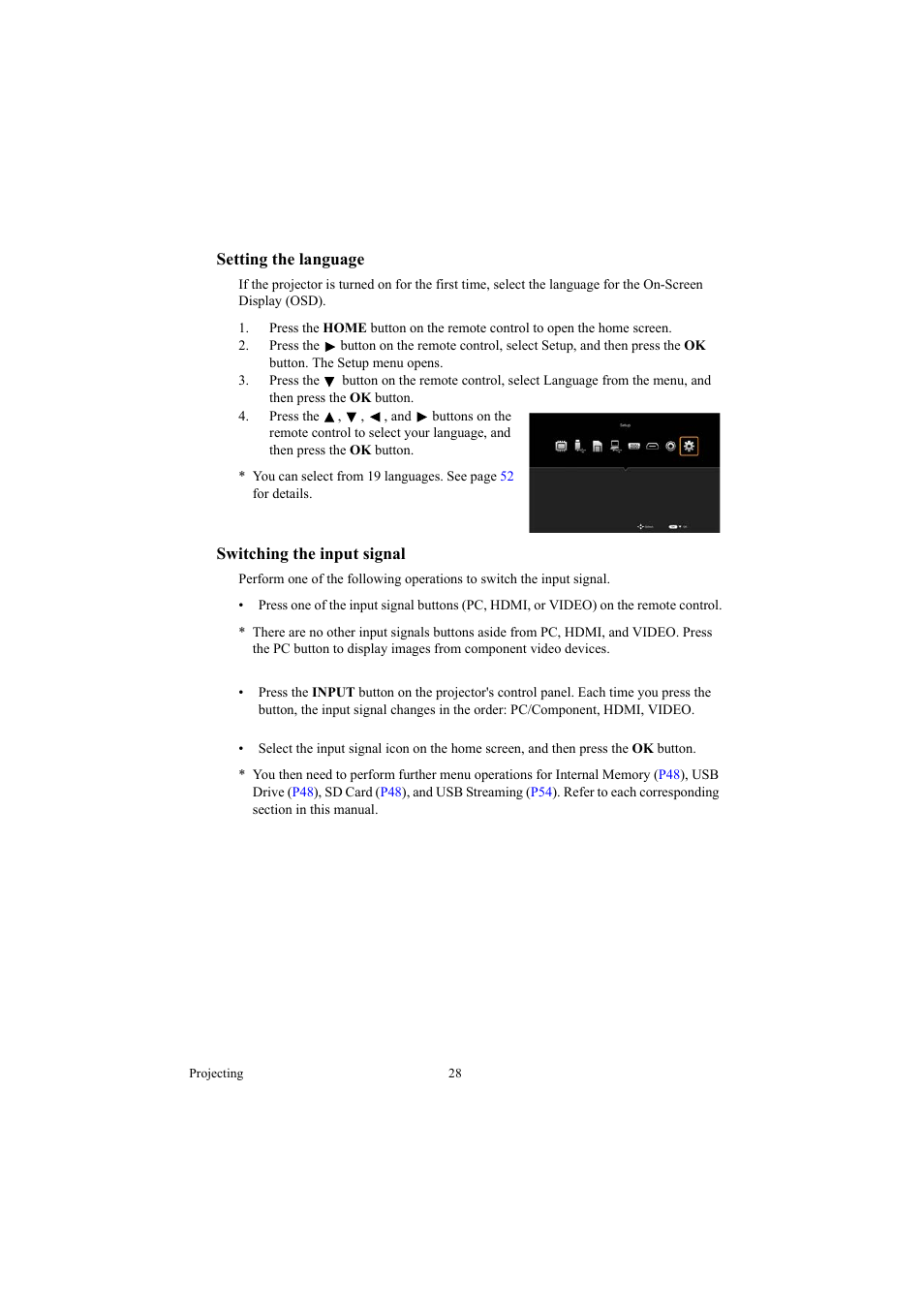 Setting the language, Switching the input signal, Setting the language switching the input signal | To hdmi input | Canon LE-5W User Manual | Page 28 / 104