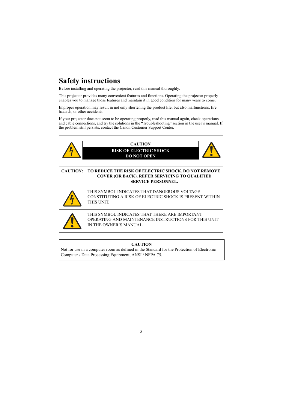 Safety instructions | Canon LE-5W User Manual | Page 5 / 104