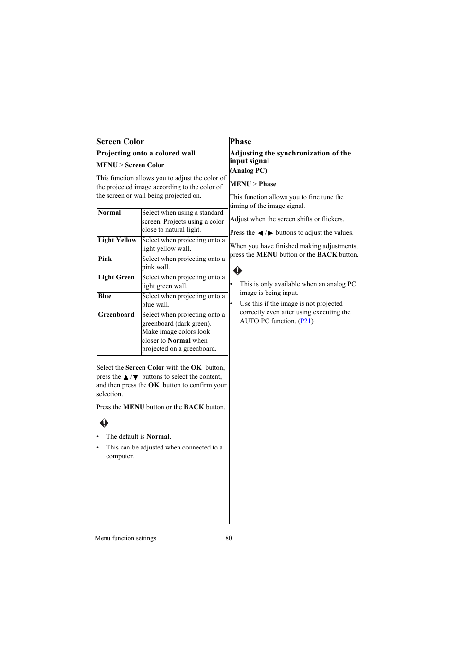 Screen color, Phase, Screen color phase | Canon LE-5W User Manual | Page 80 / 104
