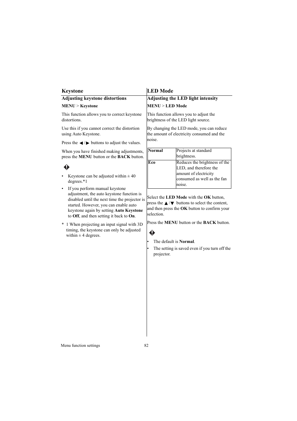 Keystone, Led mode, Keystone led mode | Keystone" on | Canon LE-5W User Manual | Page 82 / 104
