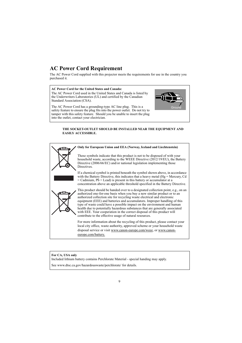 Ac power cord requirement | Canon LE-5W User Manual | Page 9 / 104
