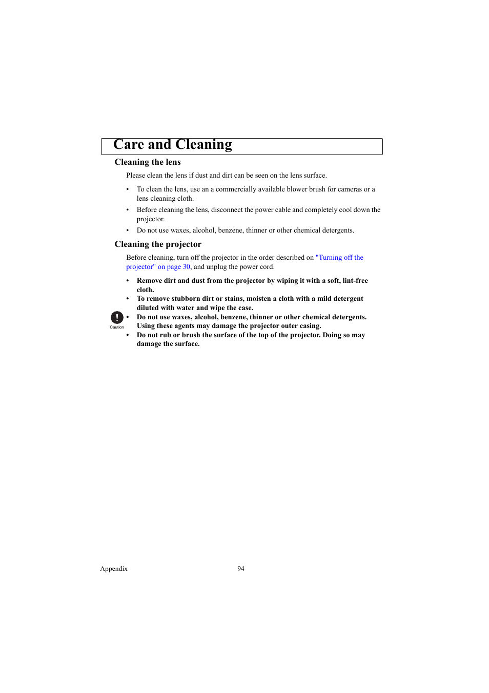 Care and cleaning, Cleaning the lens, Cleaning the projector | Cleaning the lens cleaning the projector | Canon LE-5W User Manual | Page 94 / 104