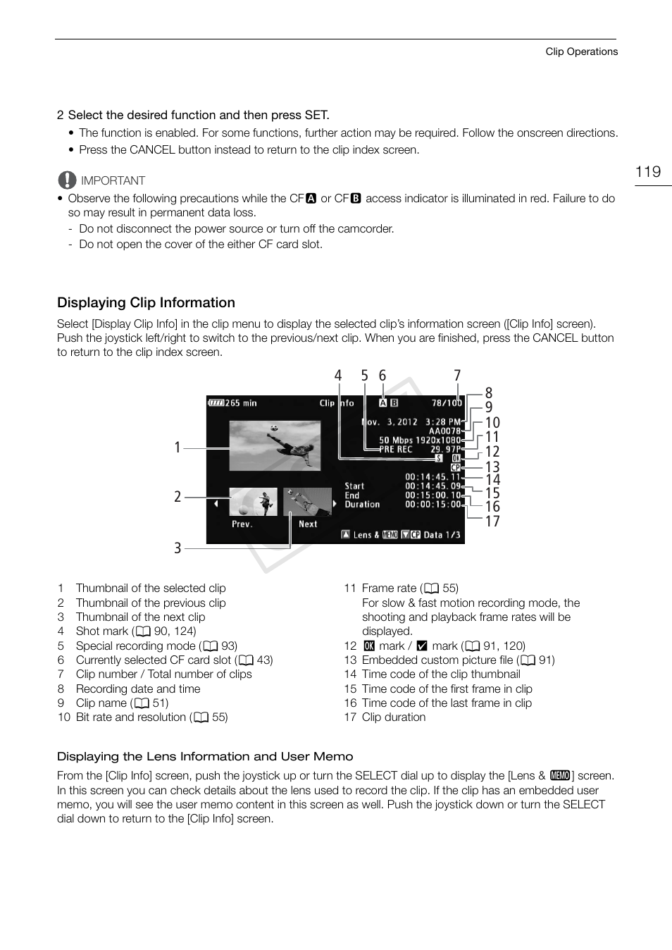Displaying clip information 119, Cop y | Canon EOS C300 User Manual | Page 119 / 186