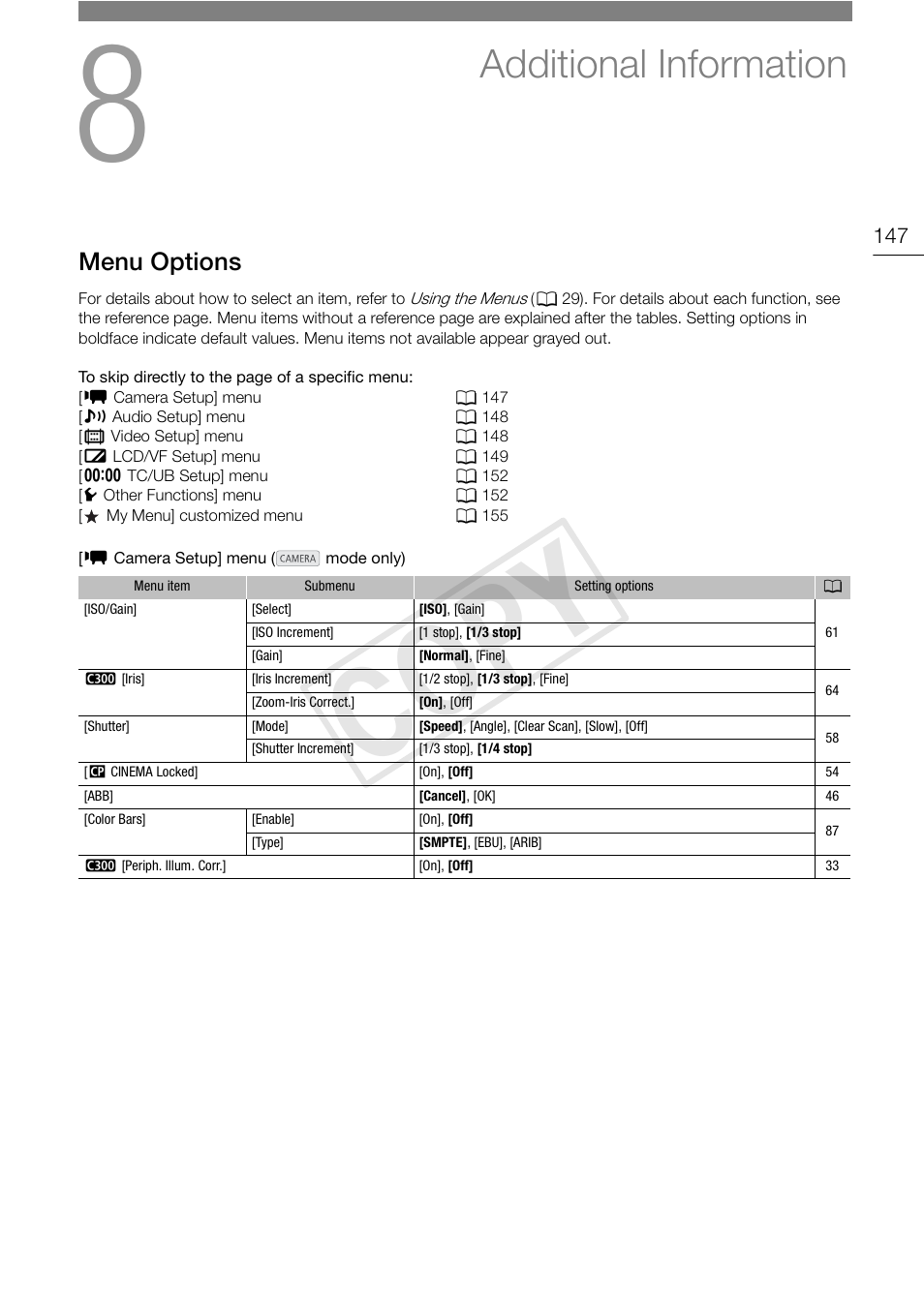 Additional information 147, Menu options 147, Cop y | Additional information, Menu options | Canon EOS C300 User Manual | Page 147 / 186