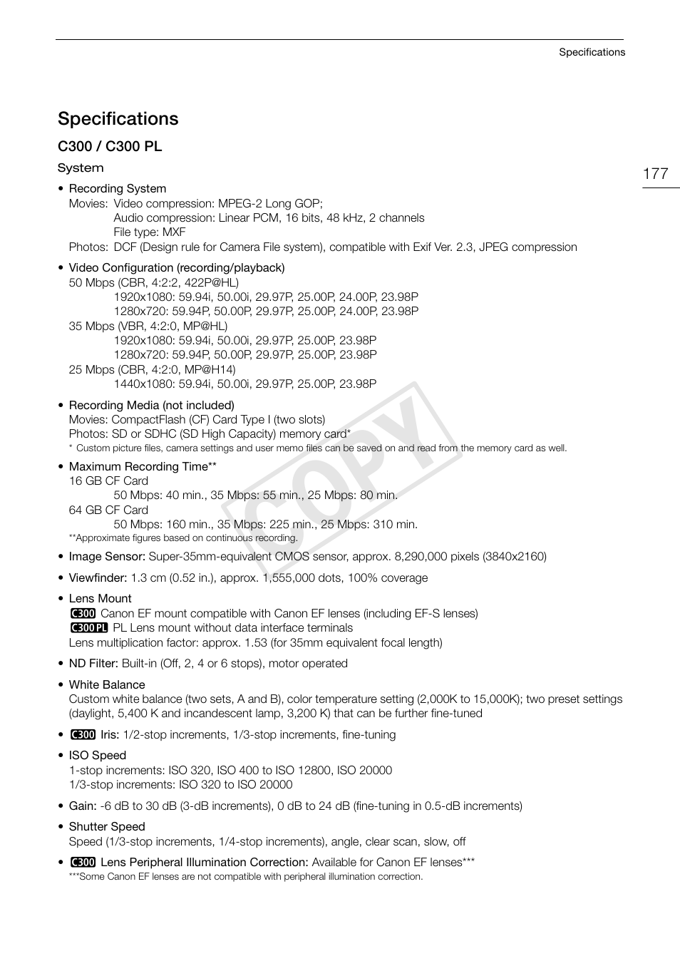 Specifications 177, Cop y, Specifications | Canon EOS C300 User Manual | Page 177 / 186