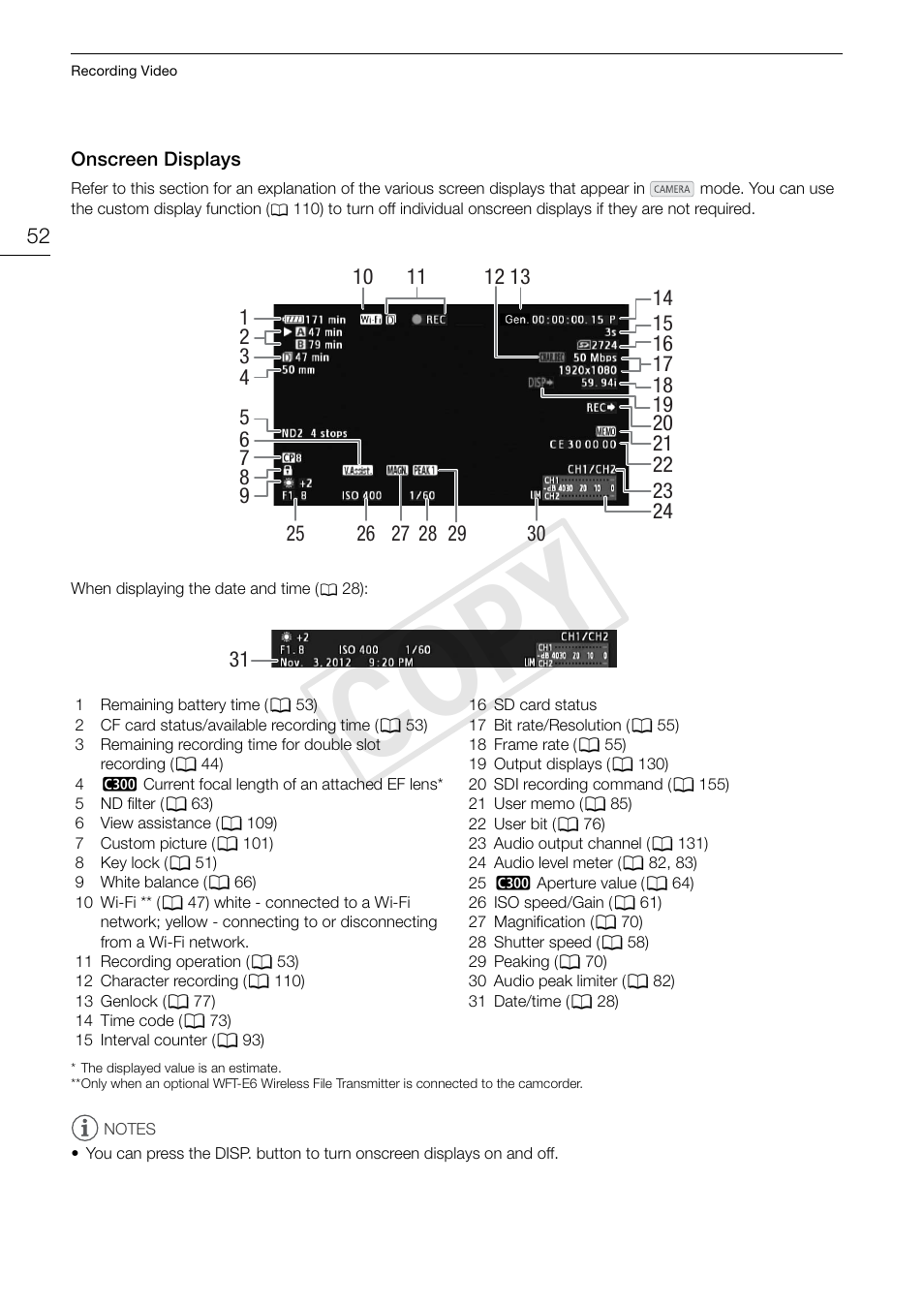 Onscreen displays 52, C op y | Canon EOS C300 User Manual | Page 52 / 186