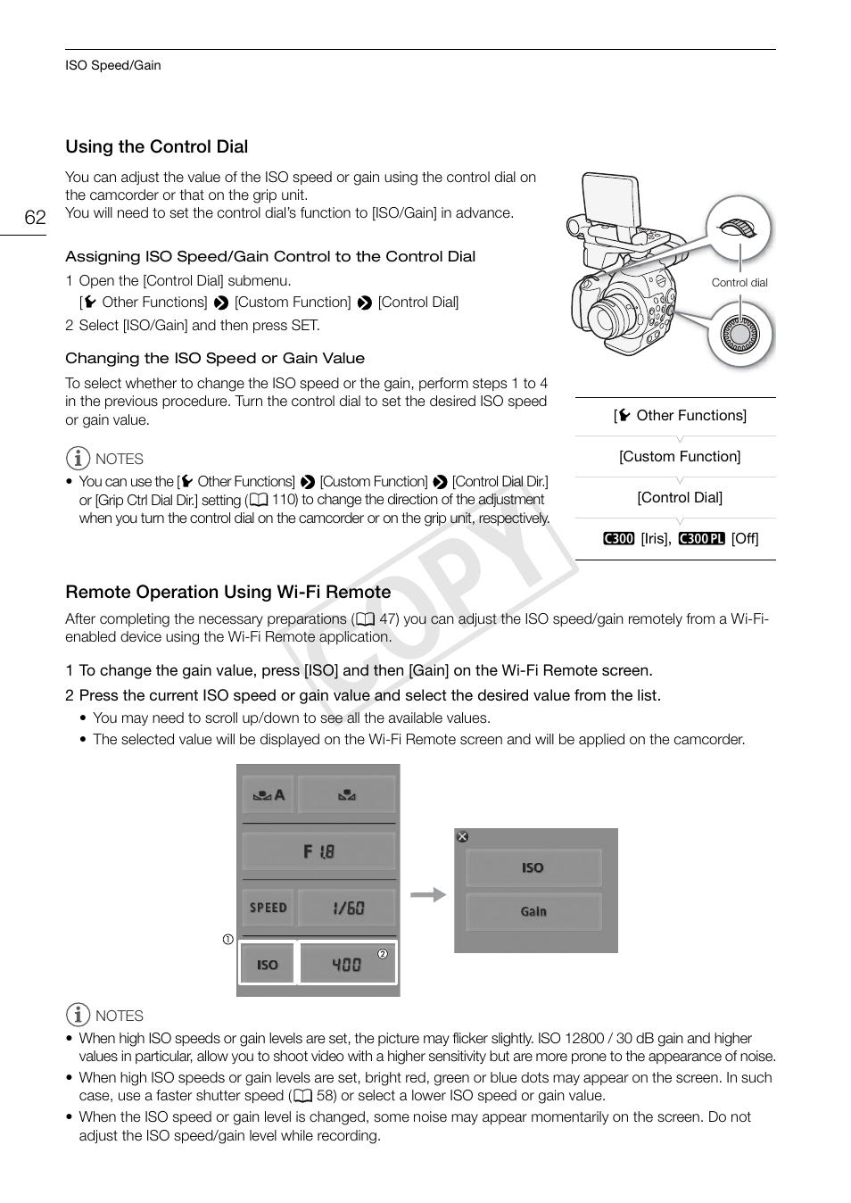 Using the control dial 62, Remote operation using wi-fi remote 62, Cop y | Canon EOS C300 User Manual | Page 62 / 186