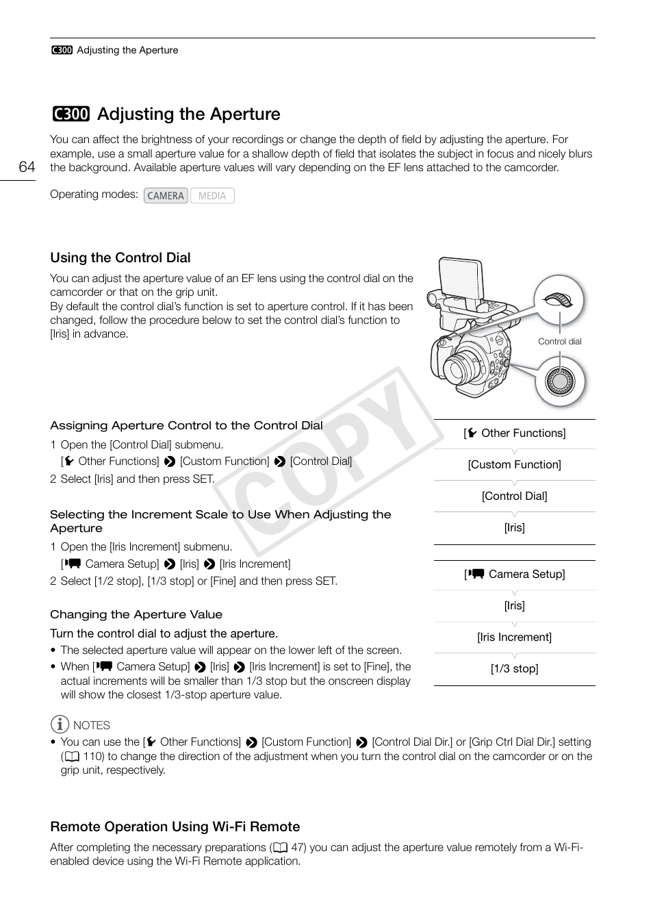Adjusting the aperture 64, Cop y | Canon EOS C300 User Manual | Page 64 / 186