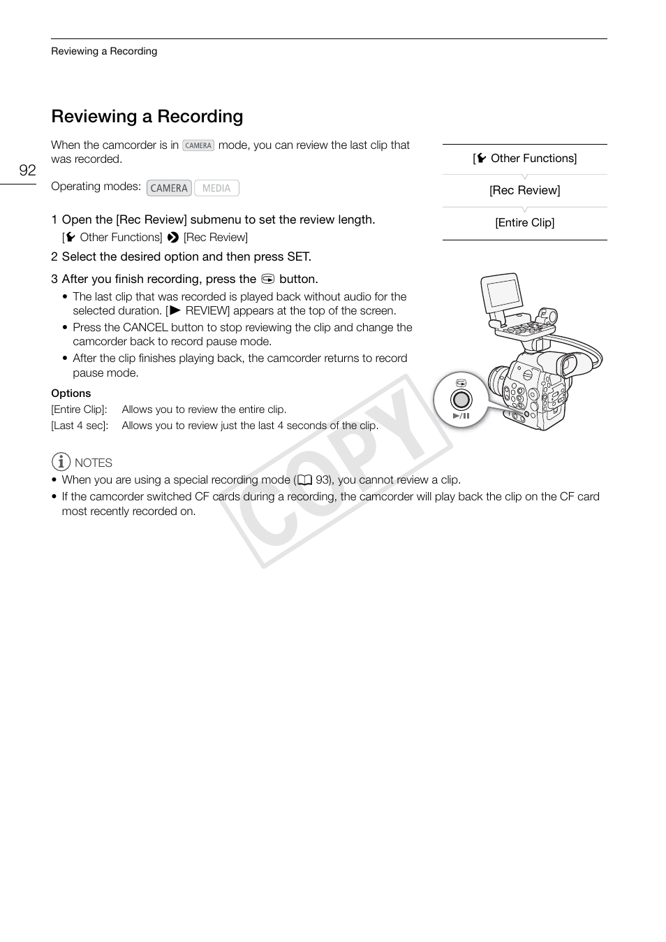 Reviewing a recording 92, Cop y | Canon EOS C300 User Manual | Page 92 / 186