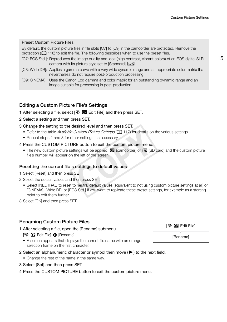 Editing a custom picture file’s settings, Renaming custom picture files, Cop y | Canon EOS C300 PL User Manual | Page 115 / 194