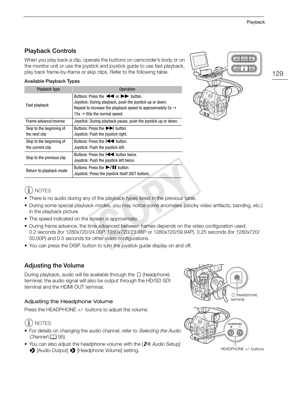 Playback controls, Adjusting the volume, Playback controls 129 adjusting the volume 129 | 129)/a, Cop y | Canon EOS C300 PL User Manual | Page 129 / 194