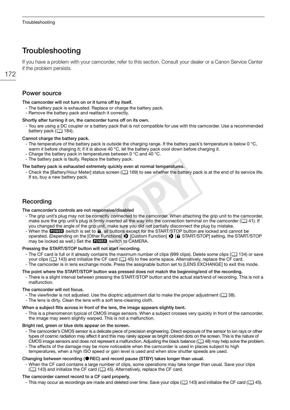 Troubleshooting, Troubleshooting 172, Cop y | Canon EOS C300 PL User Manual | Page 172 / 194