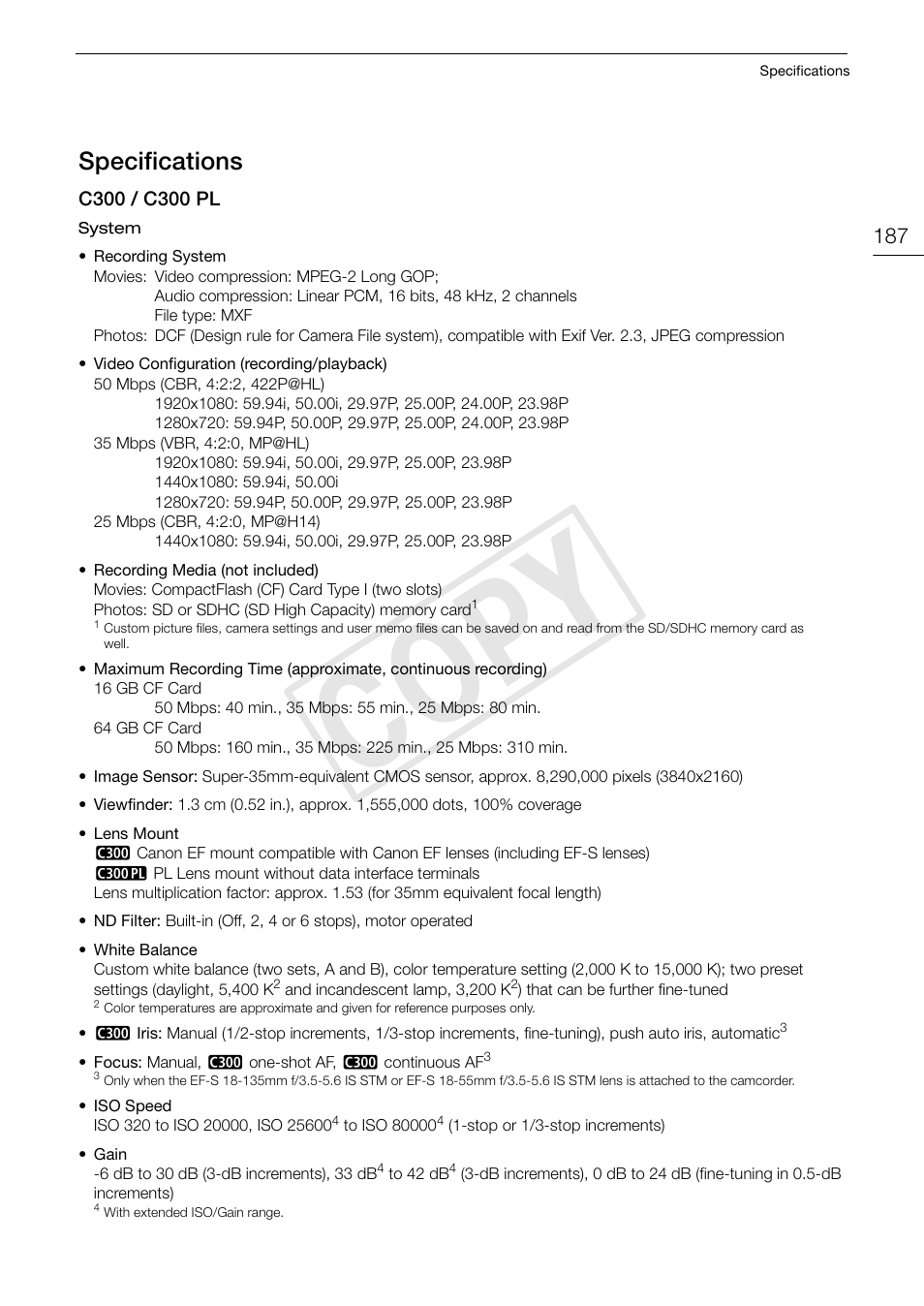 Specifications, Specifications 187, Cop y | Canon EOS C300 PL User Manual | Page 187 / 194