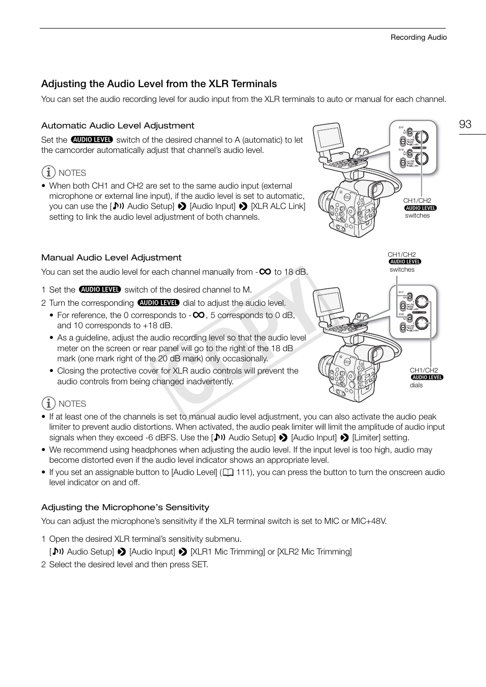 Adjusting the audio level from the xlr terminals, Adjusting the audio level from the xlr, Terminals 93 | Cop y | Canon EOS C300 PL User Manual | Page 93 / 194