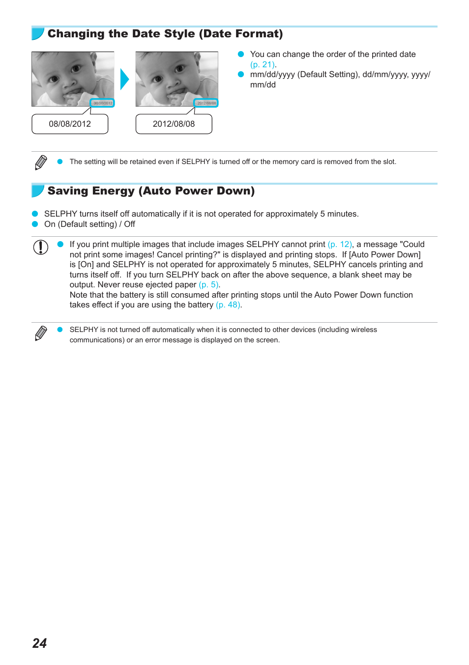 Changing the date style (date format), Saving energy (auto power down) | Canon SELPHY CP900 User Manual | Page 25 / 514