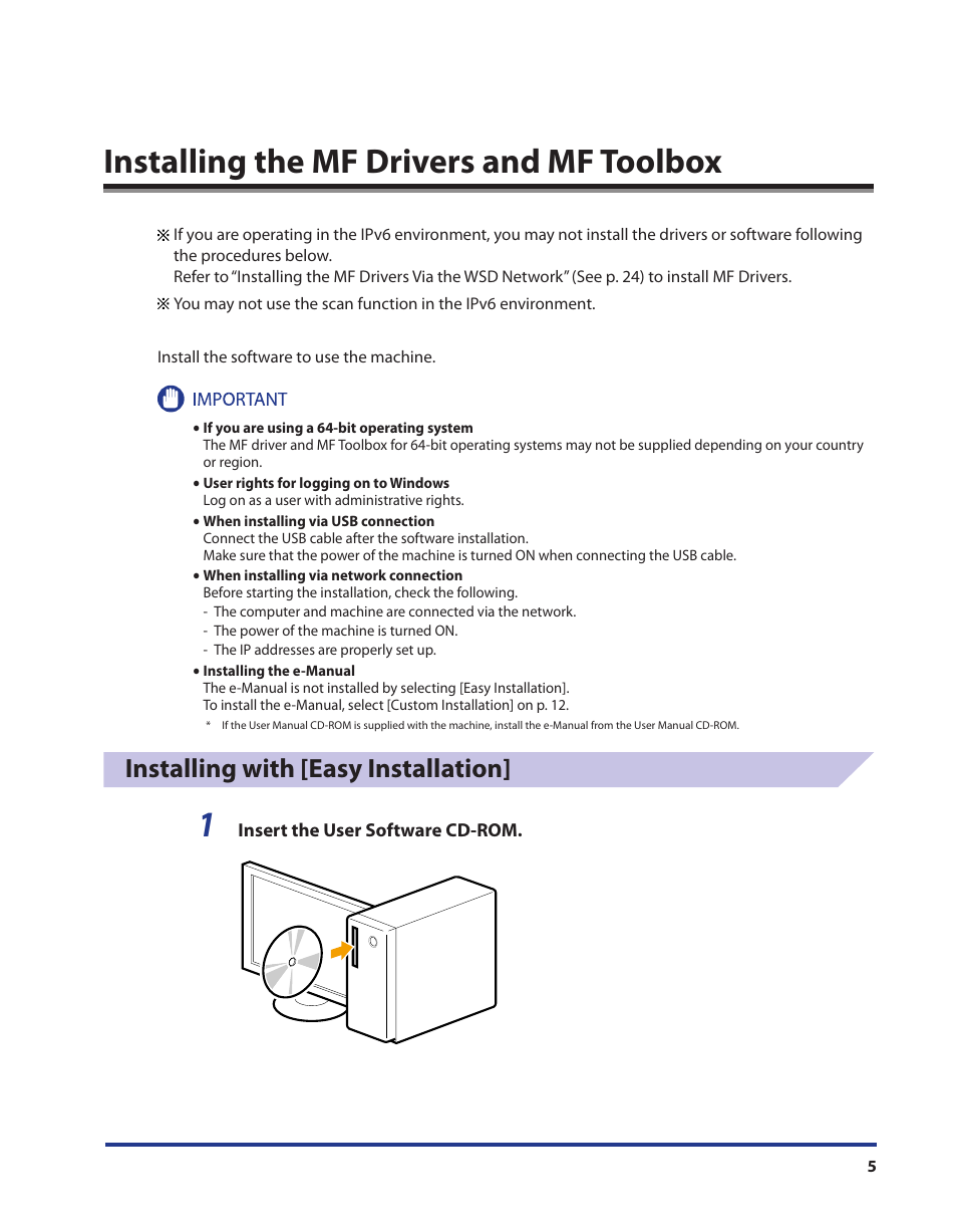 Installing the mf drivers and mf toolbox, Installing with [easy installation | Canon i-SENSYS MF5980dw User Manual | Page 6 / 40