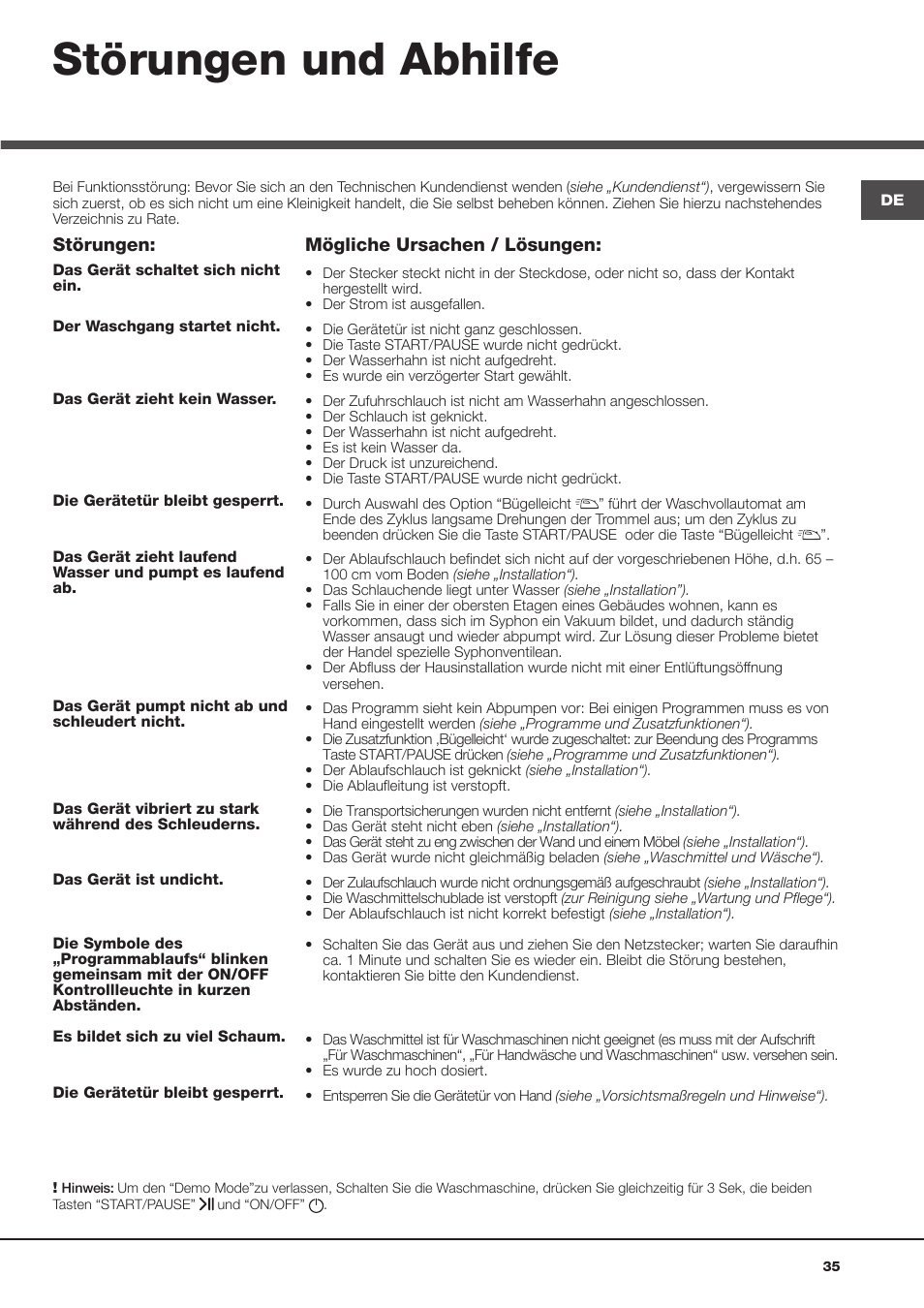 Störungen und abhilfe | Hotpoint Ariston Aqualtis AQ113D 697 User Manual | Page 35 / 36