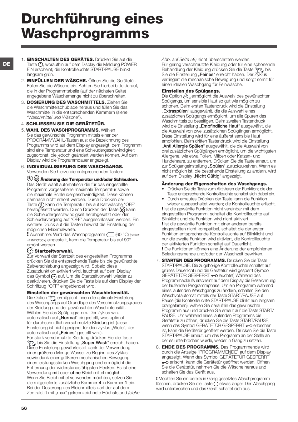 Durchführung eines waschprogramms | Hotpoint Ariston WMD 1044BX EU User Manual | Page 56 / 72