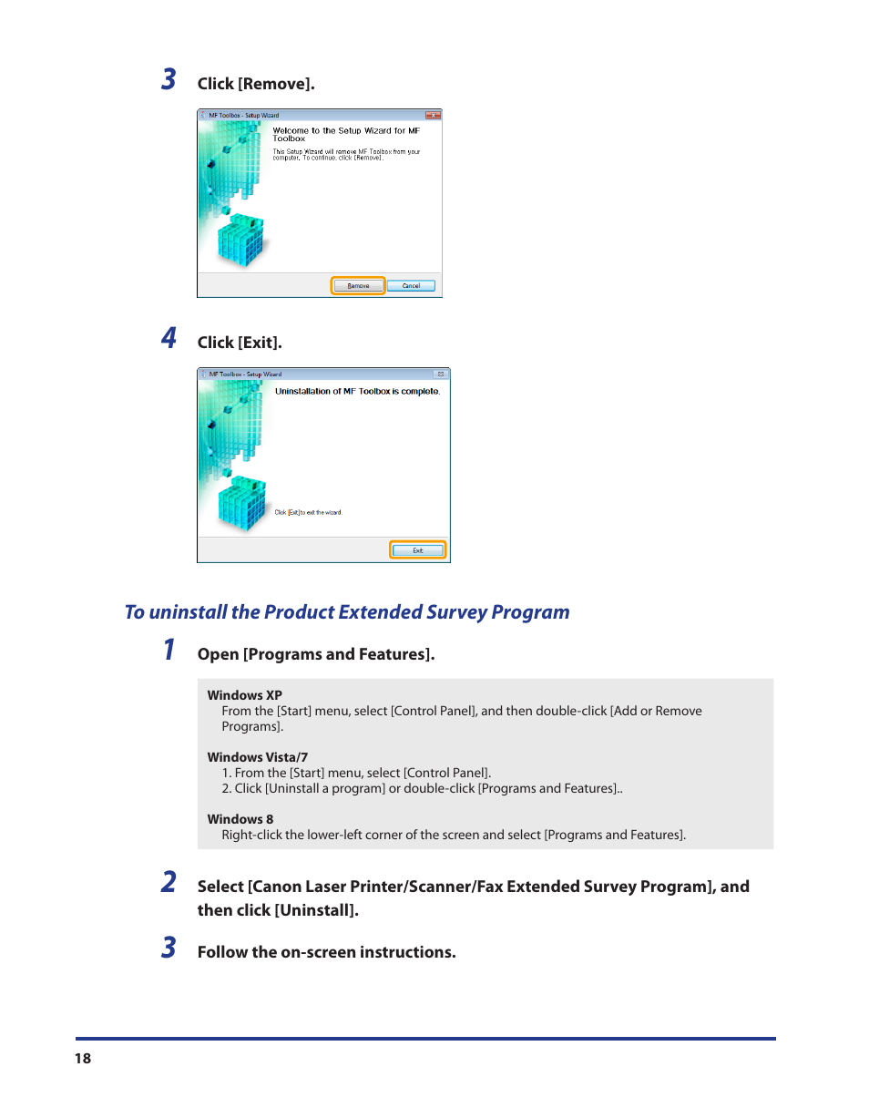 To uninstall the product extended survey program | Canon i-SENSYS MF3010 User Manual | Page 19 / 20