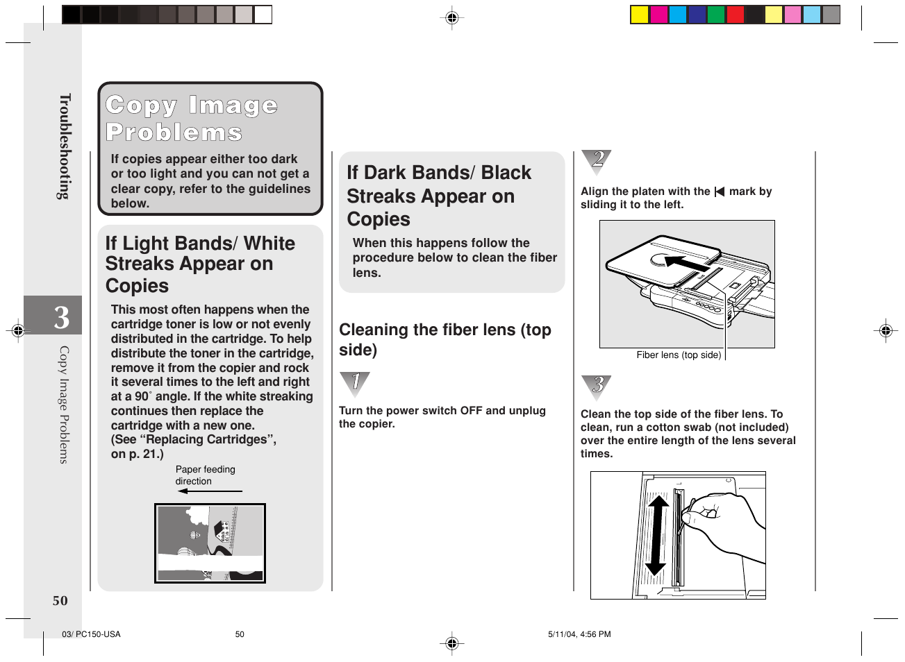 Copy image copy image problems problems, If dark bands/ black streaks appear on copies, If light bands/ white streaks appear on copies | Canon PC170 User Manual | Page 52 / 60