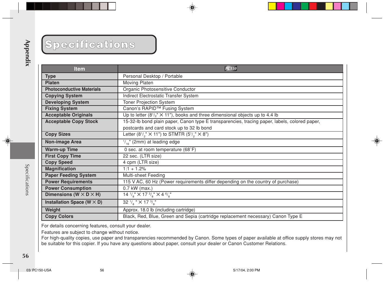 Specifications, Appendix | Canon PC170 User Manual | Page 58 / 60