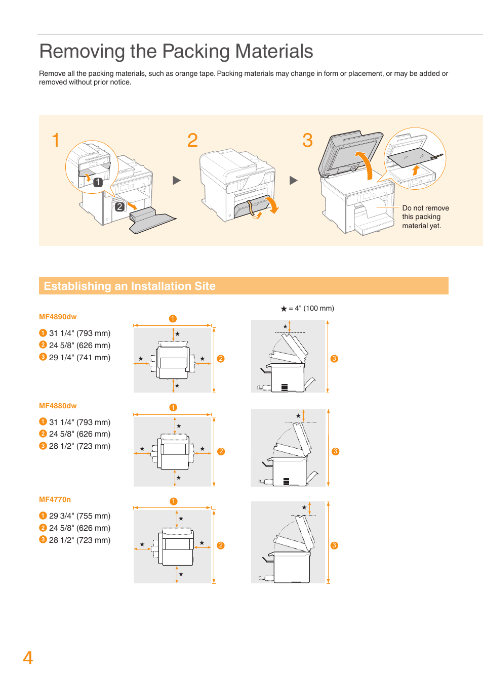 Removing the packing materials, Establishing an installation site | Canon imageCLASS MF4770n User Manual | Page 4 / 36