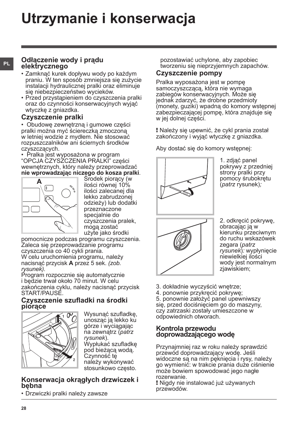Utrzymanie i konserwacja | Hotpoint Ariston WMSF 602 User Manual | Page 28 / 84