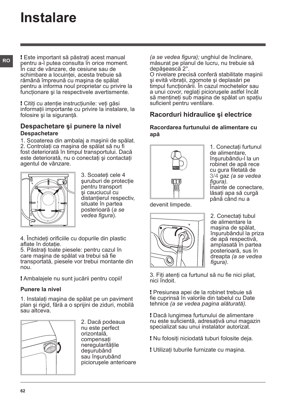 Instalare | Hotpoint Ariston WMSF 602 User Manual | Page 62 / 84