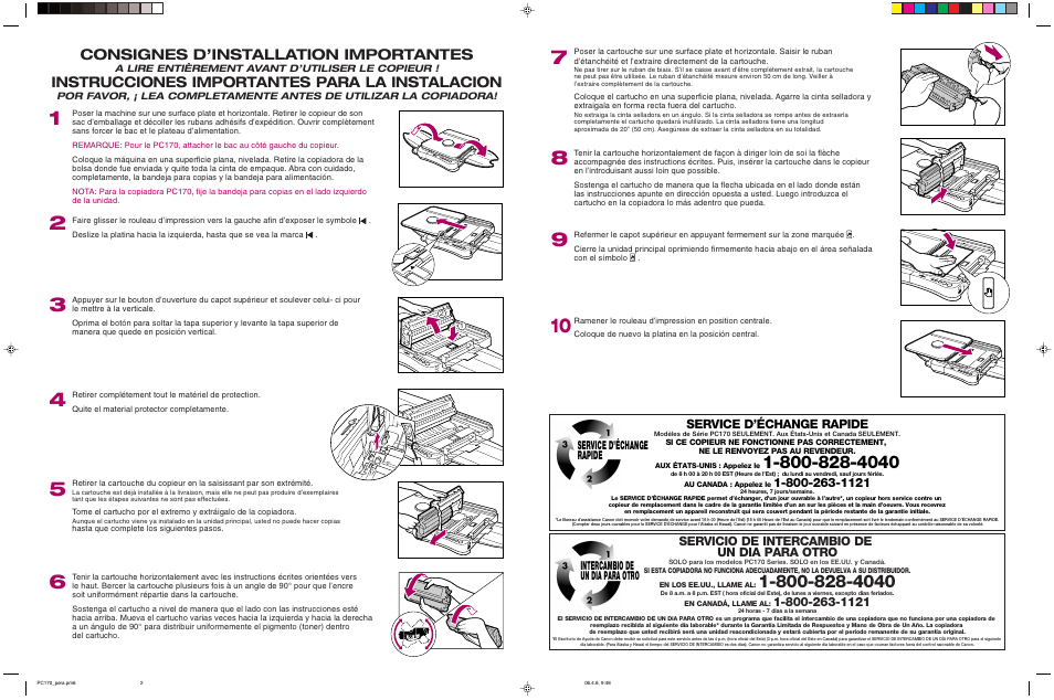 Consignes d’installation importantes, Instrucciones importantes para la instalacion, Servicio de intercambio de un dia para otro | Service d’échange rapide | Canon PC170 User Manual | Page 2 / 2