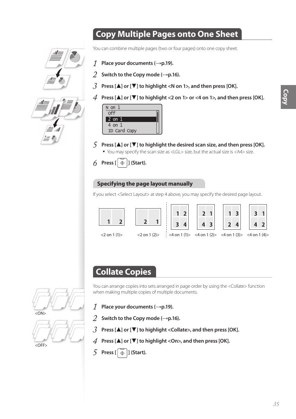 Collate copies, Copy multiple pages onto one sheet, Co py | Canon imageCLASS MF4890dw User Manual | Page 35 / 116