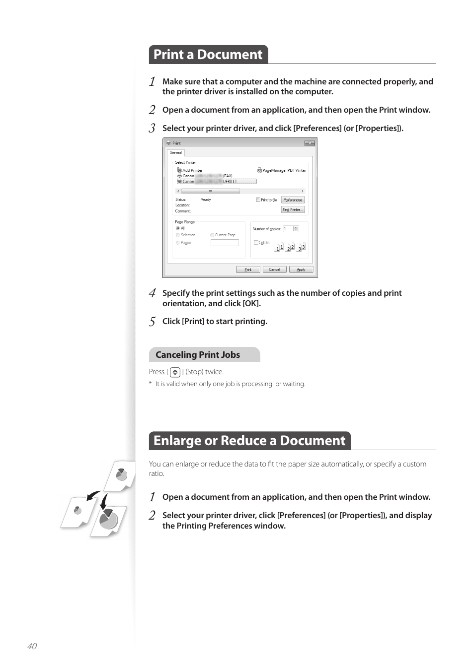 Print a document, Enlarge or reduce a document, Print a document 1 | Canon imageCLASS MF4890dw User Manual | Page 40 / 116