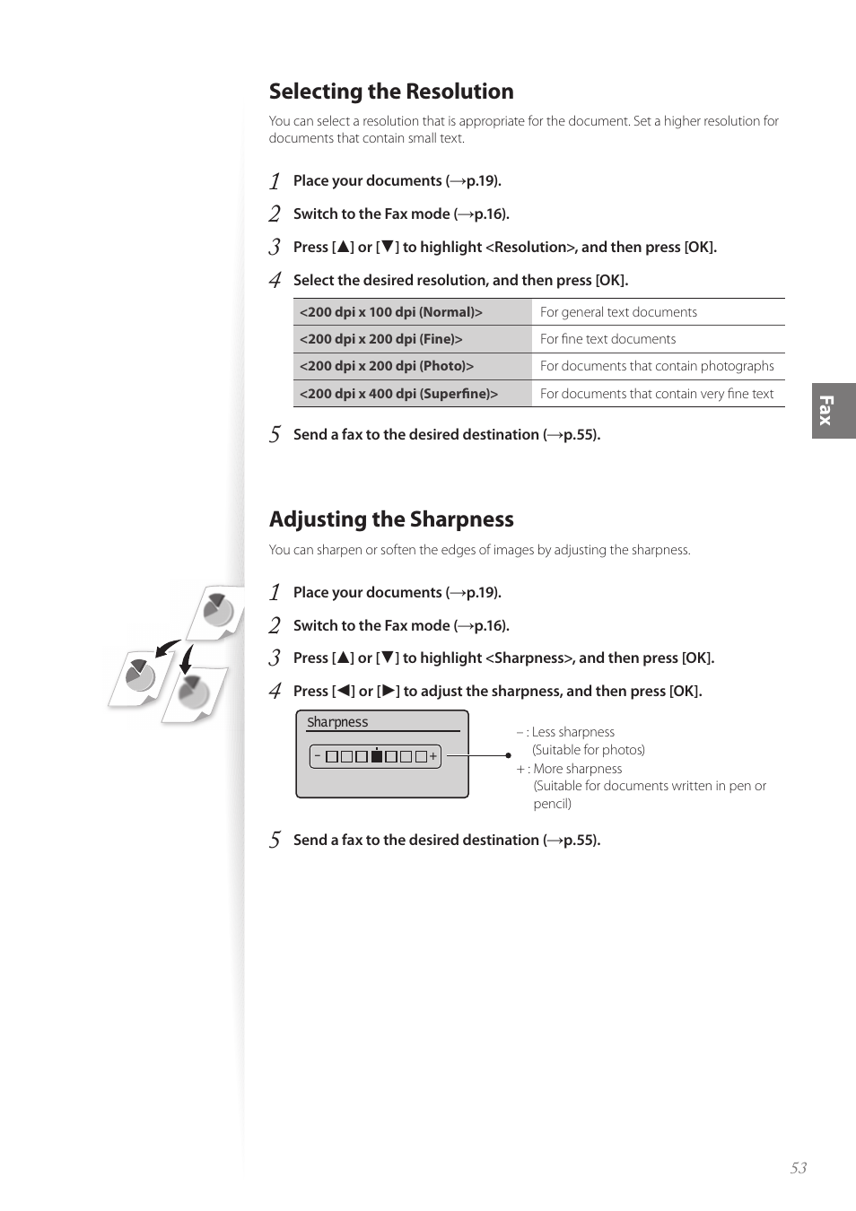 Selecting the resolution, Adjusting the sharpness | Canon imageCLASS MF4890dw User Manual | Page 53 / 116