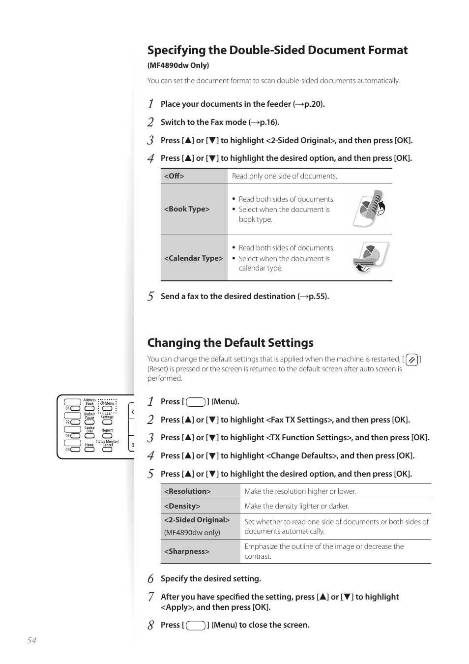 Changing the default settings, Specifying the double-sided document format | Canon imageCLASS MF4890dw User Manual | Page 54 / 116