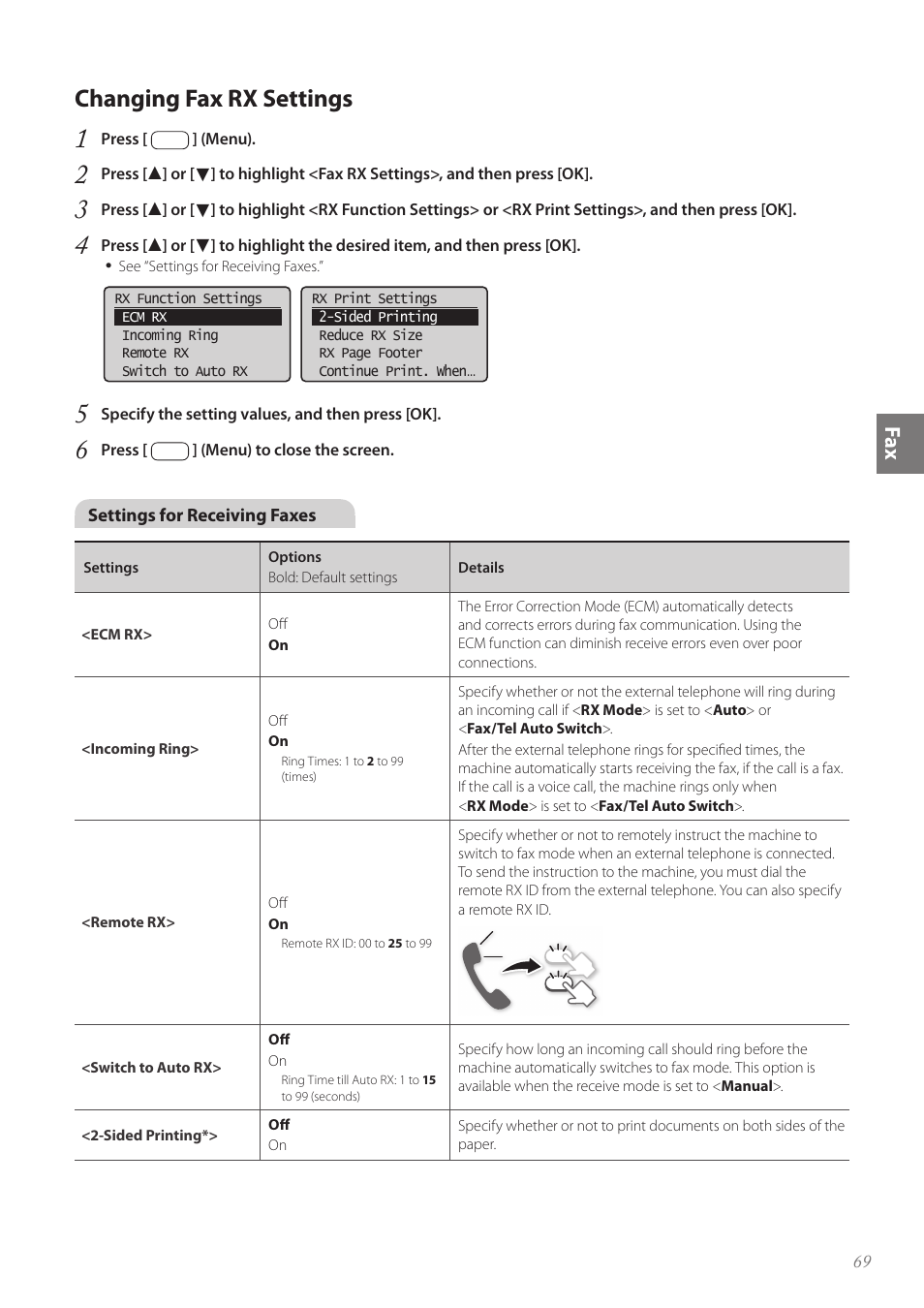 Changing fax rx settings, Changing fax rx settings …………………………………………… 69, Fa x | Canon imageCLASS MF4890dw User Manual | Page 69 / 116