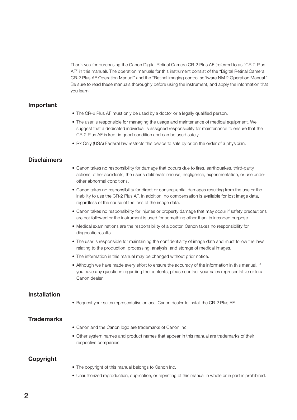 Important, Disclaimers, Installation | Trademarks, Copyright | Canon CR-2 PLUS AF User Manual | Page 2 / 54