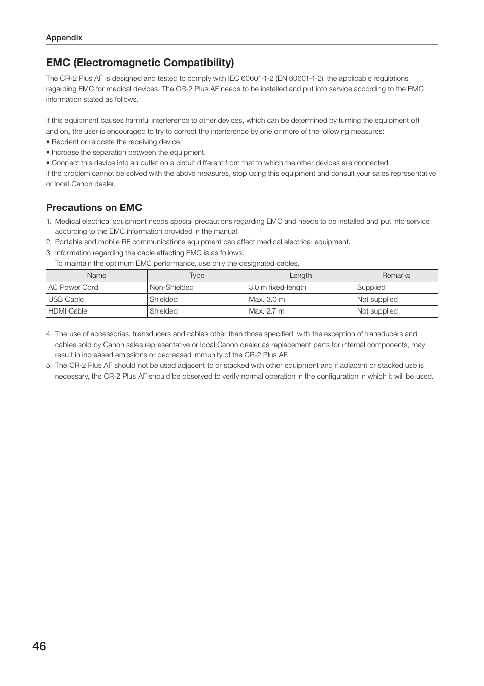 Emc (electromagnetic compatibility), Precautions on emc | Canon CR-2 PLUS AF User Manual | Page 46 / 54