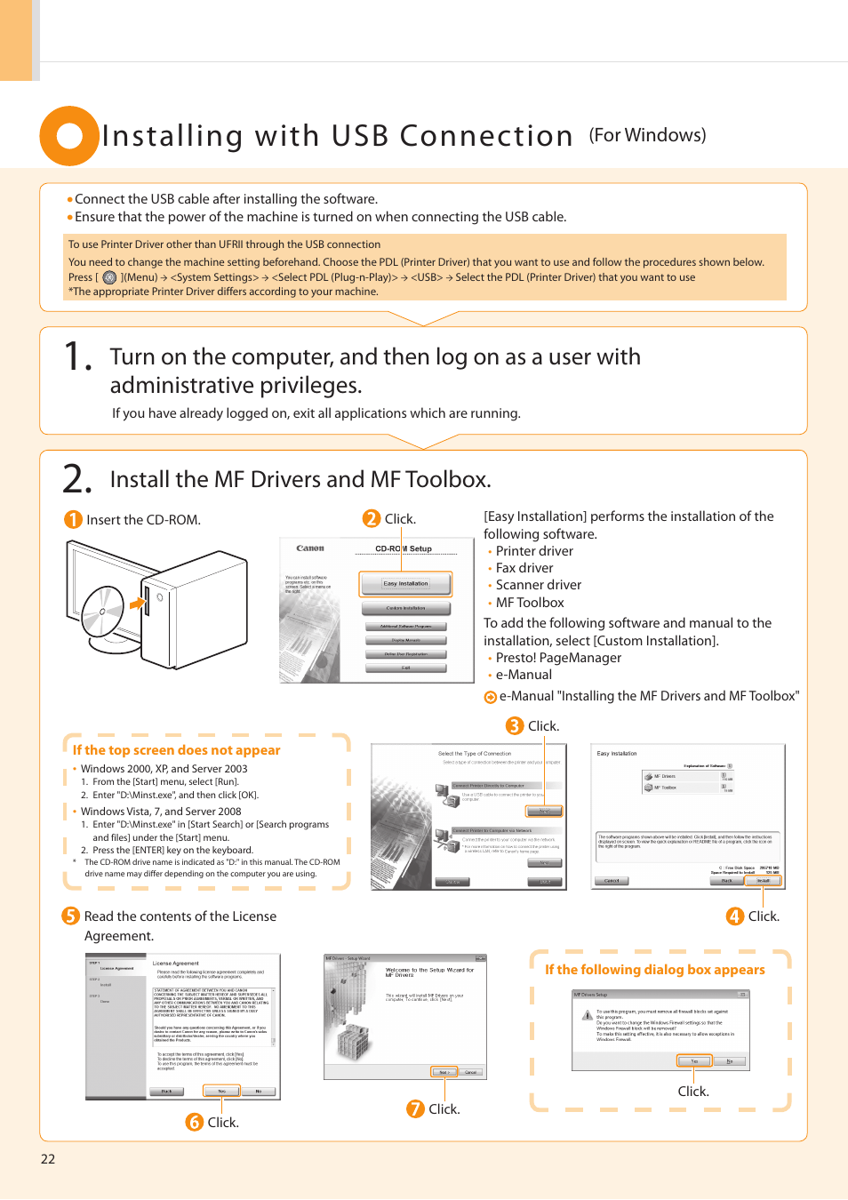 Installing with usb connection, Install the mf drivers and mf toolbox, For windows) | Canon imageCLASS MF5960dn User Manual | Page 22 / 36