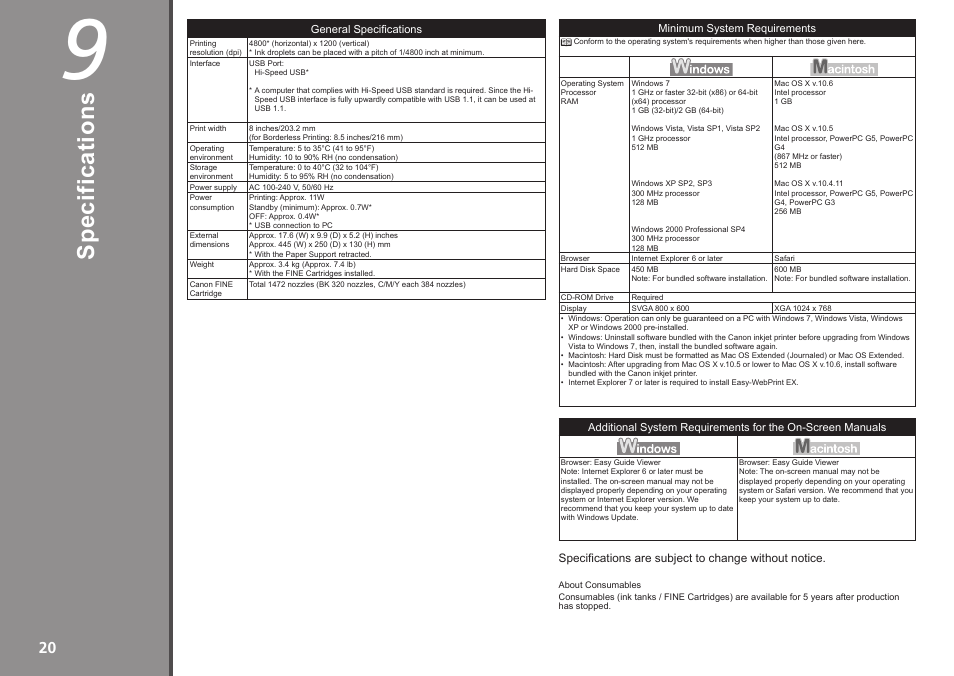 Specifications / especificaciones, Sp ec ifi ca tio ns | Canon PIXMA iP2702 User Manual | Page 22 / 24