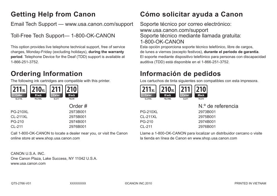 Cómo solicitar ayuda a canon, Información de pedidos, Getting help from canon | Ordering information, N.º de referencia, Toll-free tech support— 1-800-ok-canon, Order | Canon PIXMA iP2702 User Manual | Page 24 / 24