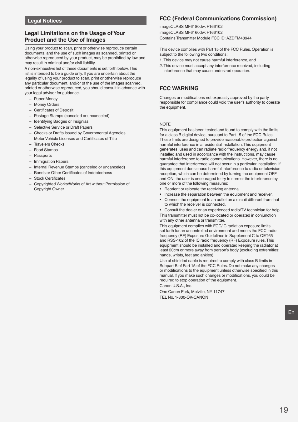Fcc (federal communications commission), Fcc warning, En legal notices | Canon imageCLASS MF6160dw User Manual | Page 19 / 64