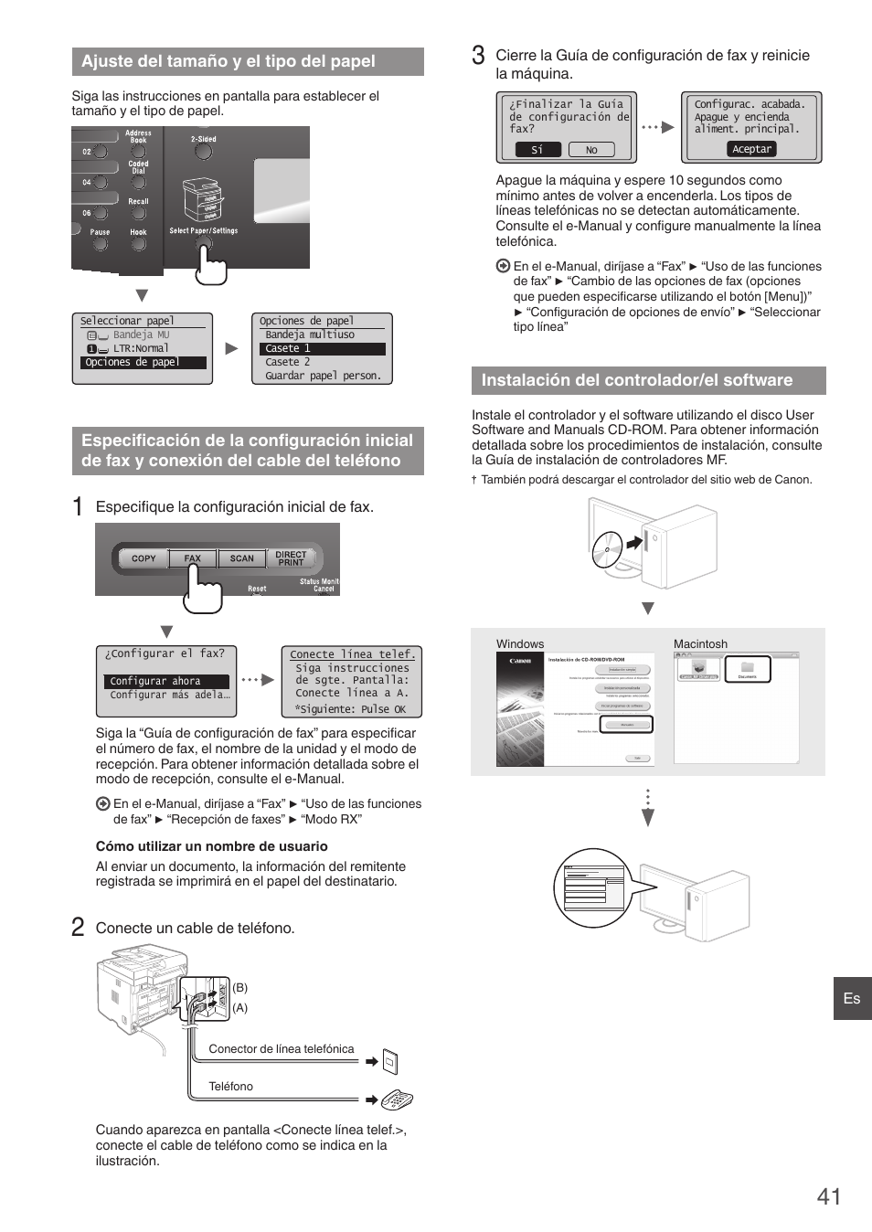 Ajuste del tamaño y el tipo del papel, Instalación del controlador/el software | Canon imageCLASS MF6160dw User Manual | Page 41 / 64