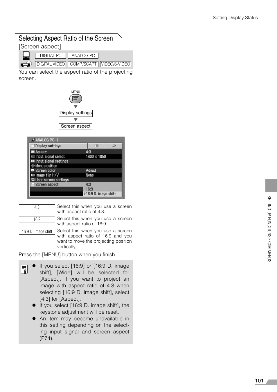Selecting aspect ratio of the screen, 101 fo, Screen aspect | Canon REALiS SX60 User Manual | Page 101 / 146