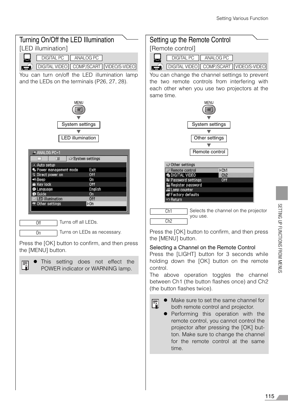Turning on/off the led illumination, Setting up the remote control, P115) | Led illumination, Remote control | Canon REALiS SX60 User Manual | Page 115 / 146