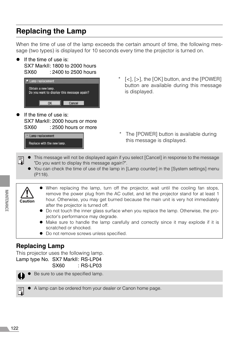 Replacing the lamp, Replacing lamp | Canon REALiS SX60 User Manual | Page 122 / 146