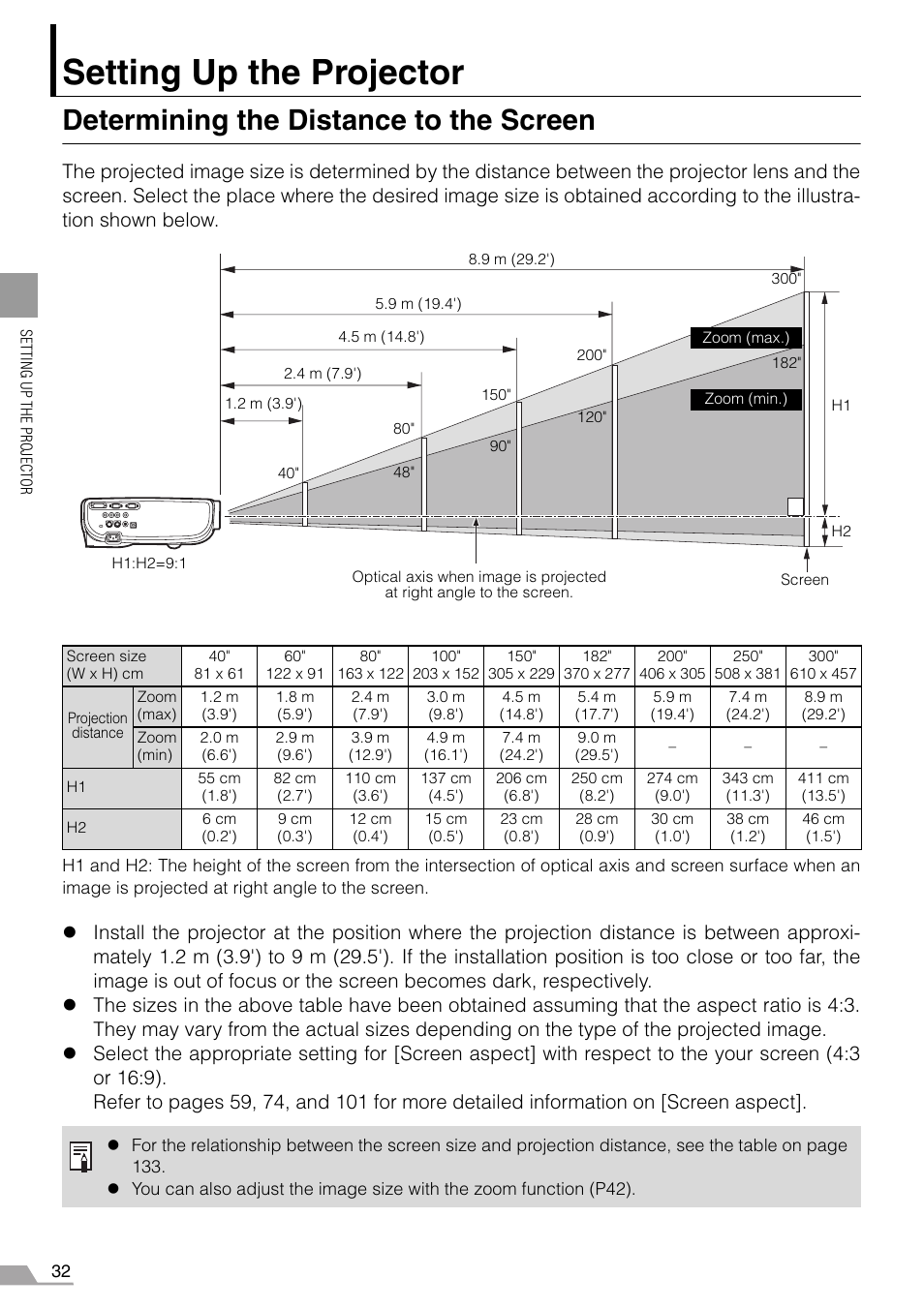 Setting up the projector, Determining the distance to the screen, P32-33 | Canon REALiS SX60 User Manual | Page 32 / 146