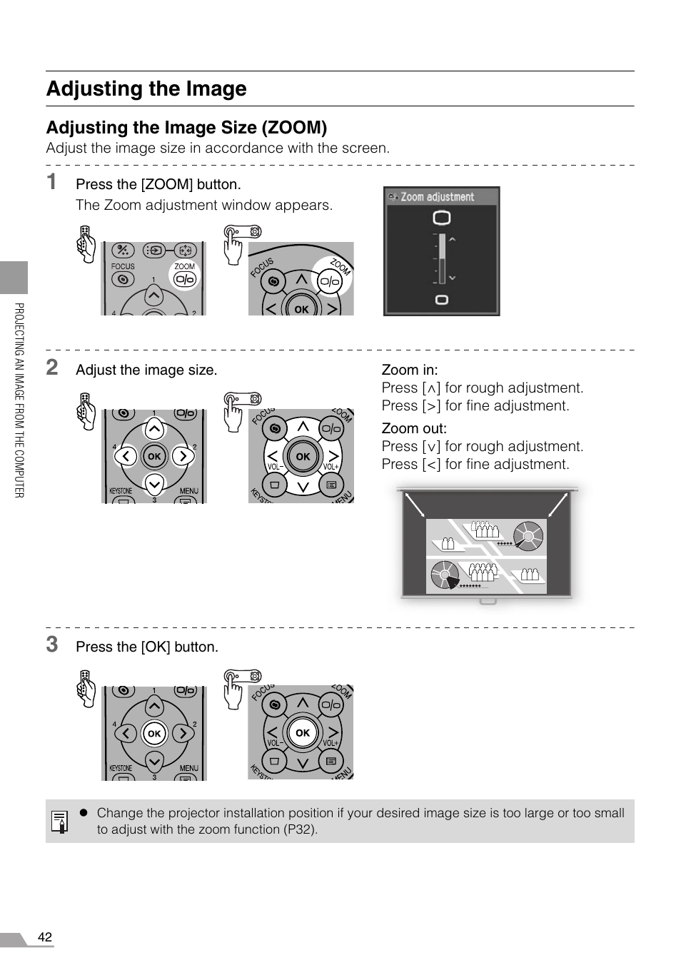 Adjusting the image, Tton (p42), N (p42) | Adjusting the image size (zoom) | Canon REALiS SX60 User Manual | Page 42 / 146